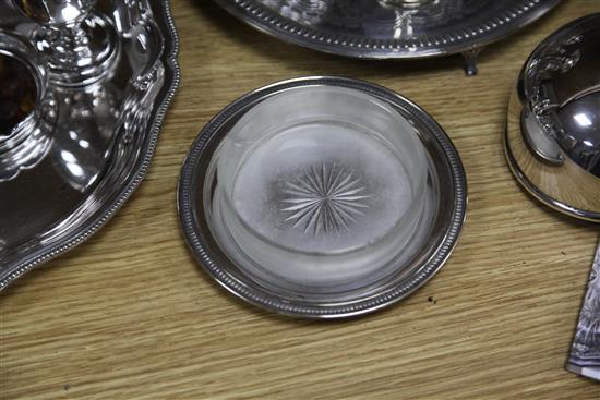 A silver sugar coaster, a specimen vase, a tortoiseshell tray and a quantity of silver plated items